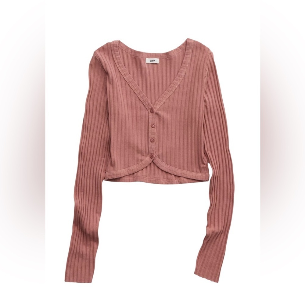 Aerie Ribbed Crop Cardigan Pink L Long Sleeve Button Frint Casual Top Stretch